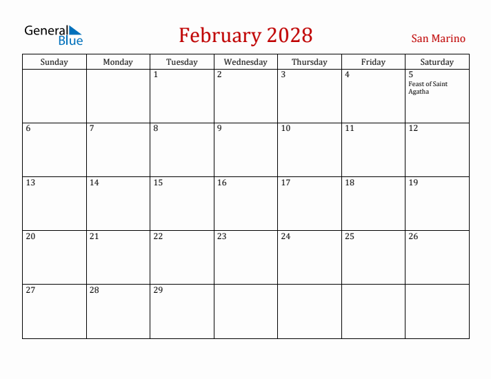 San Marino February 2028 Calendar - Sunday Start