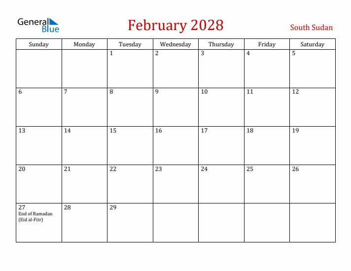 South Sudan February 2028 Calendar - Sunday Start