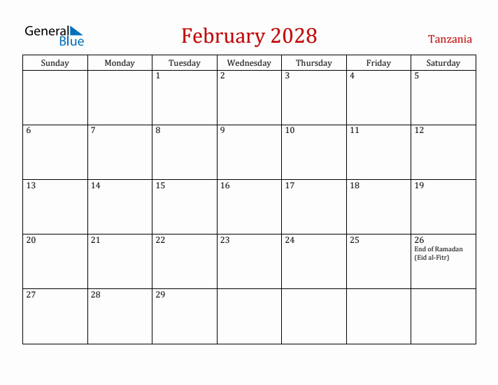 Tanzania February 2028 Calendar - Sunday Start