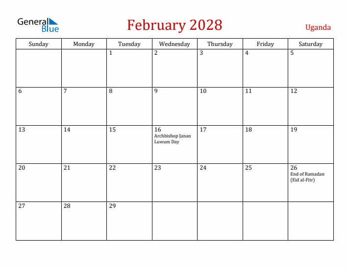 Uganda February 2028 Calendar - Sunday Start