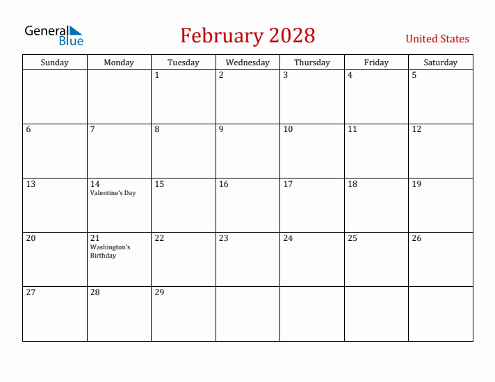 United States February 2028 Calendar - Sunday Start