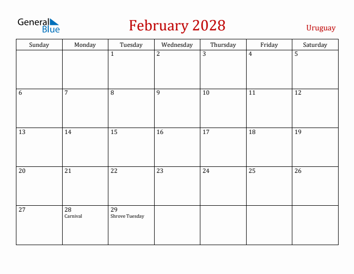 Uruguay February 2028 Calendar - Sunday Start
