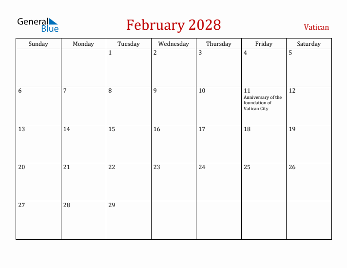 Vatican February 2028 Calendar - Sunday Start