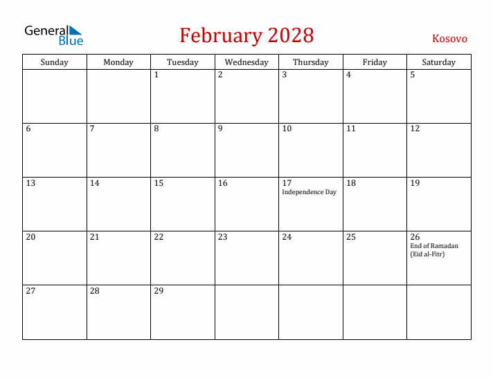 Kosovo February 2028 Calendar - Sunday Start