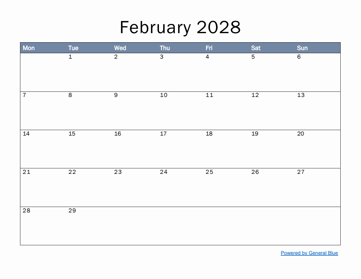 Monthly Calendar Template for February 2028