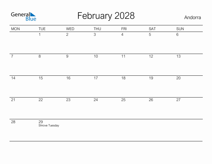 Printable February 2028 Calendar for Andorra