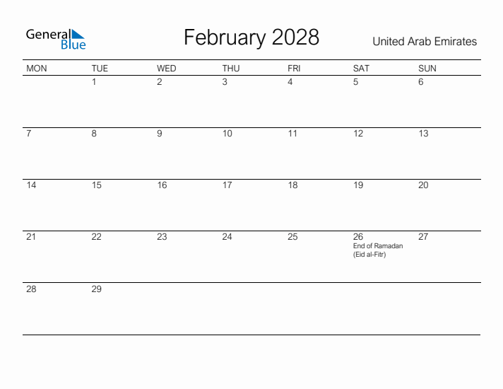 Printable February 2028 Calendar for United Arab Emirates