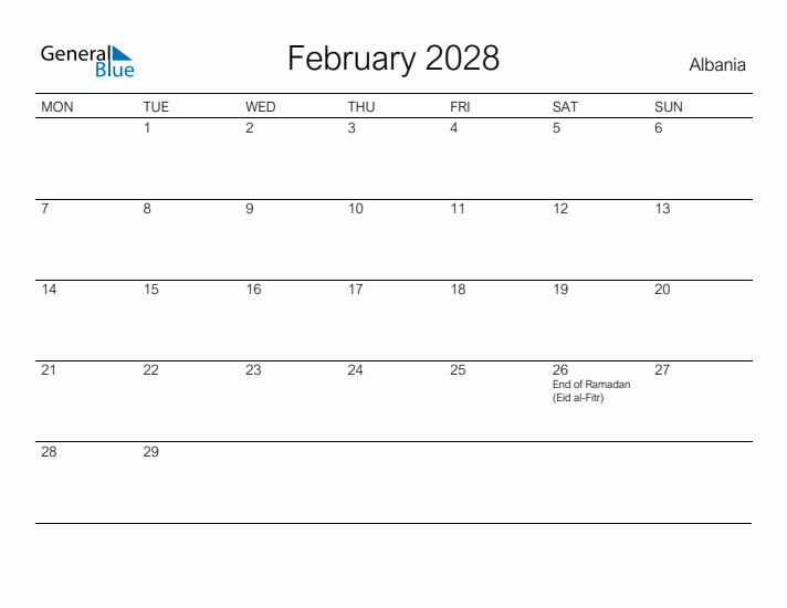 Printable February 2028 Calendar for Albania