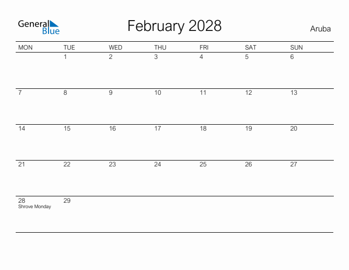 Printable February 2028 Calendar for Aruba