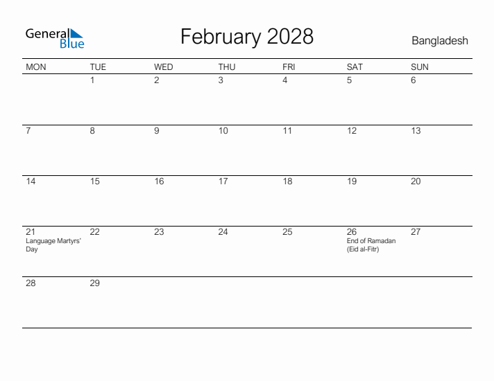 Printable February 2028 Calendar for Bangladesh