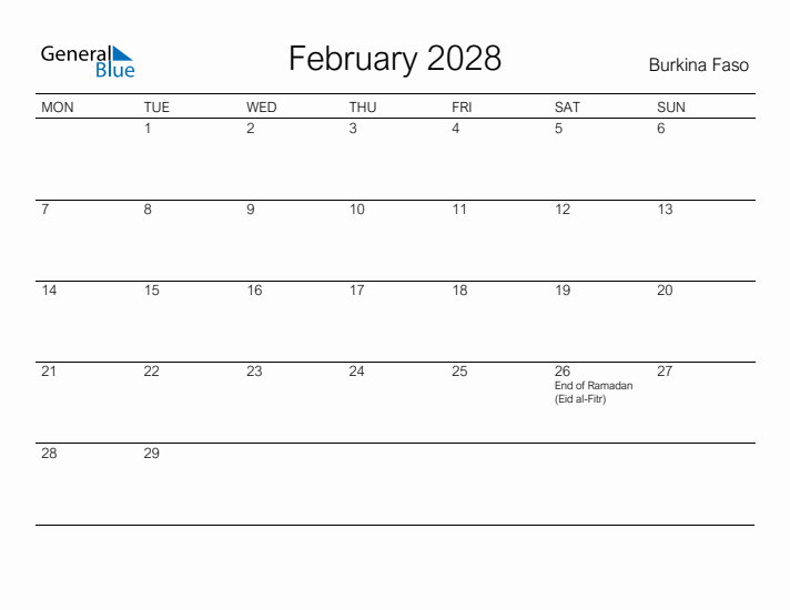 Printable February 2028 Calendar for Burkina Faso