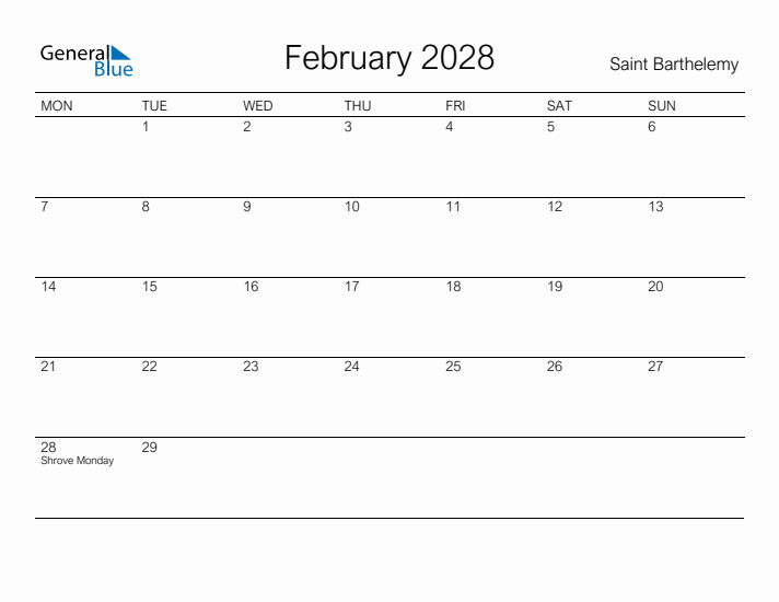 Printable February 2028 Calendar for Saint Barthelemy