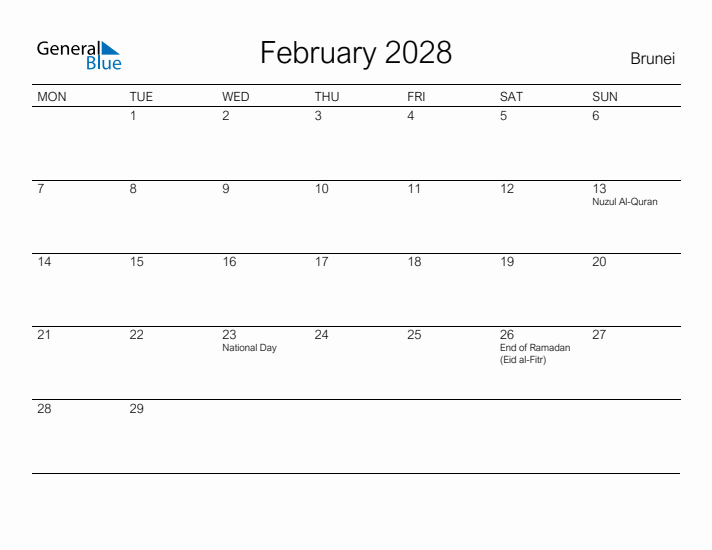 Printable February 2028 Calendar for Brunei
