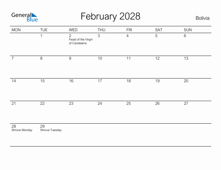 Printable February 2028 Calendar for Bolivia