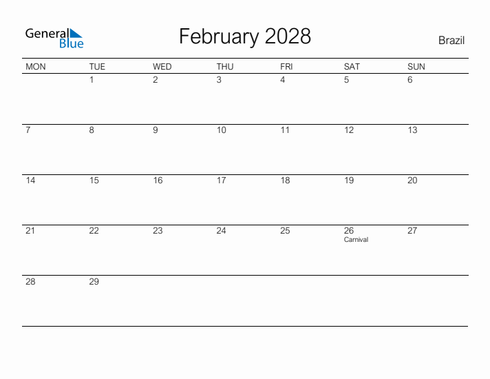 Printable February 2028 Calendar for Brazil