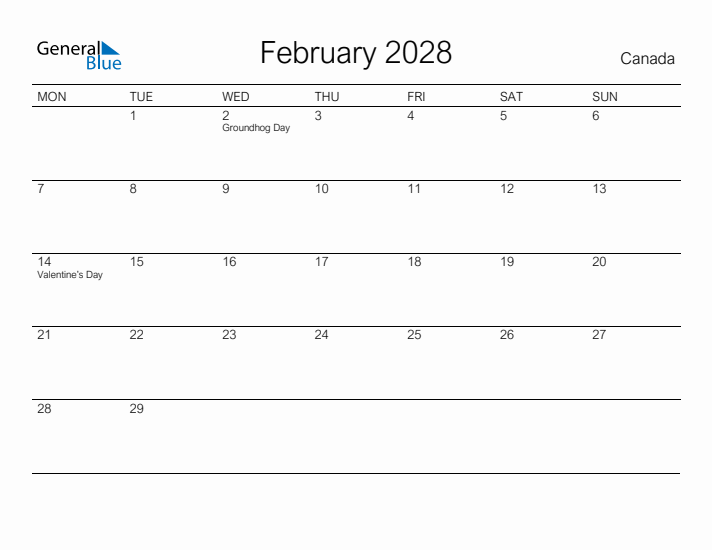 Printable February 2028 Calendar for Canada
