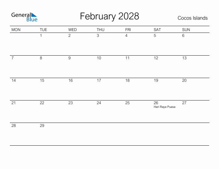 Printable February 2028 Calendar for Cocos Islands