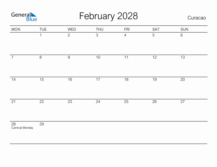 Printable February 2028 Calendar for Curacao
