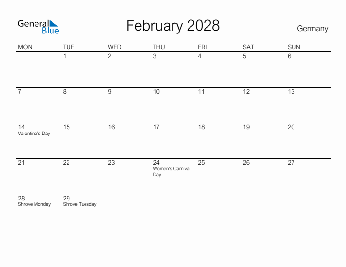 Printable February 2028 Calendar for Germany