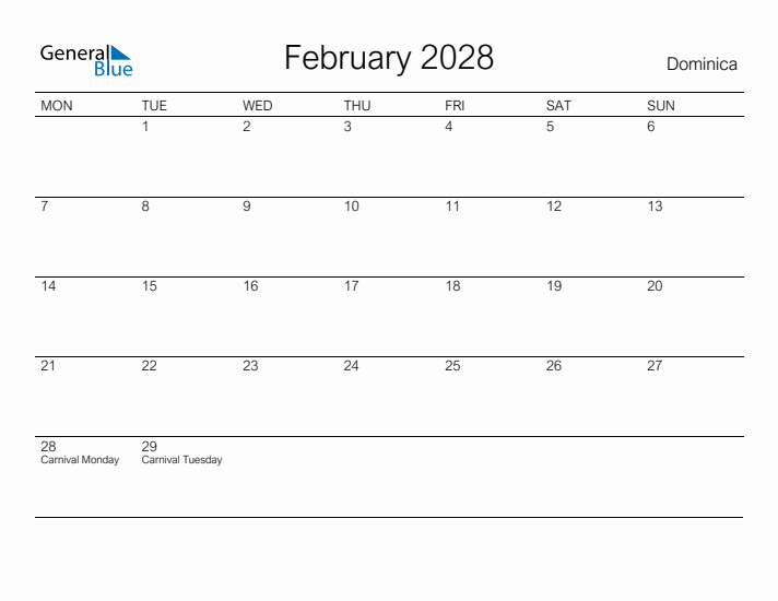 Printable February 2028 Calendar for Dominica