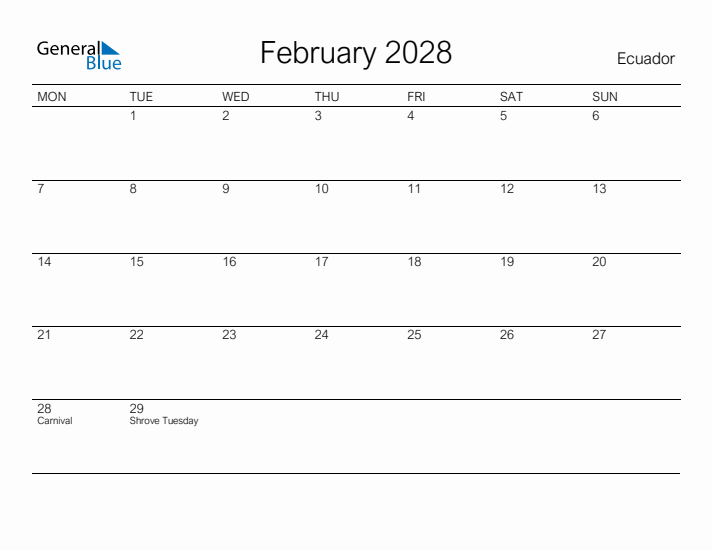 Printable February 2028 Calendar for Ecuador