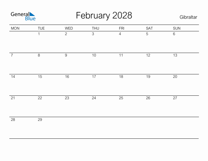 Printable February 2028 Calendar for Gibraltar