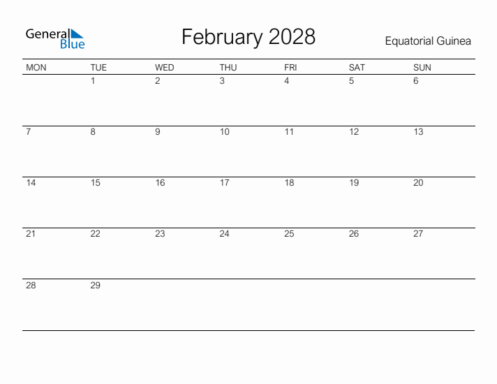 Printable February 2028 Calendar for Equatorial Guinea