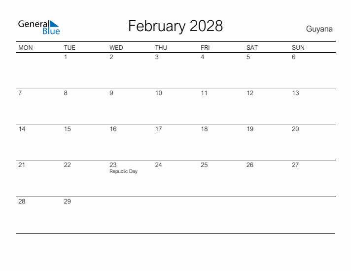 Printable February 2028 Calendar for Guyana