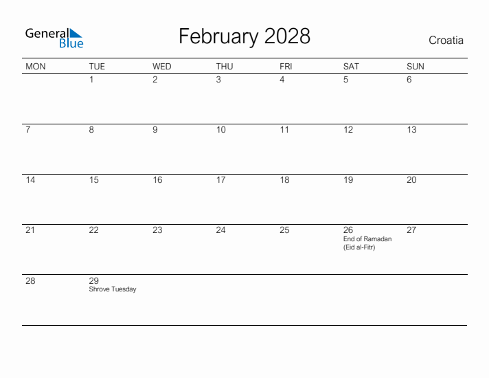 Printable February 2028 Calendar for Croatia