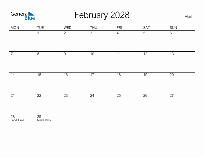 Printable February 2028 Calendar for Haiti