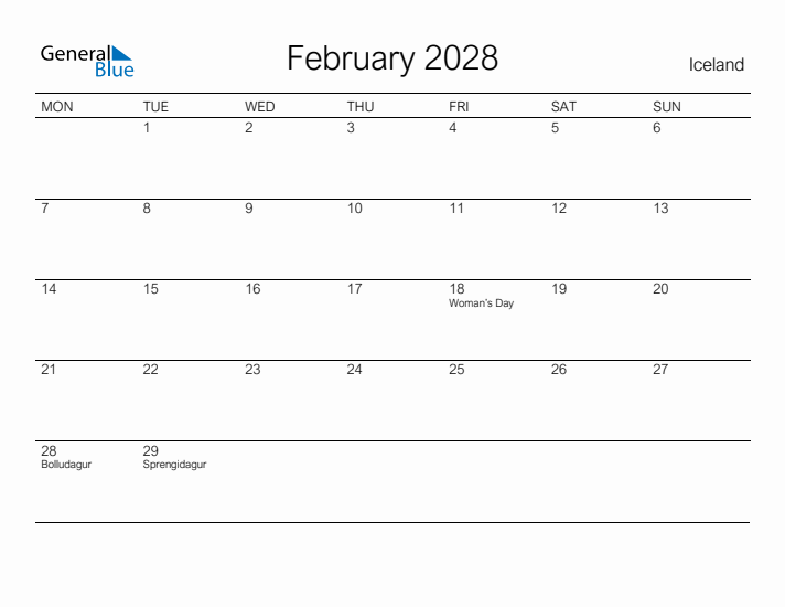 Printable February 2028 Calendar for Iceland