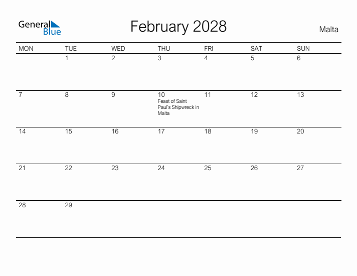 Printable February 2028 Calendar for Malta