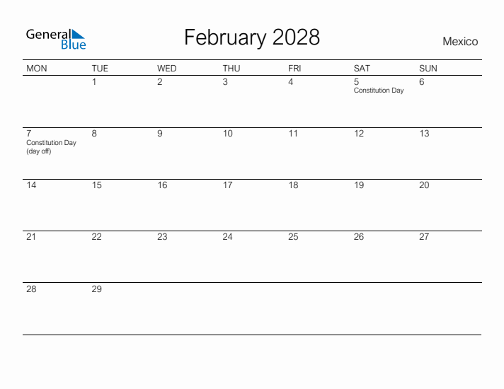 Printable February 2028 Calendar for Mexico