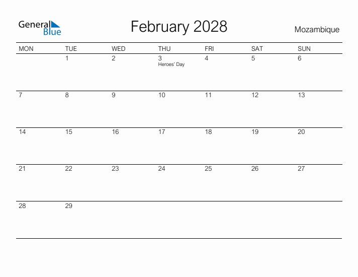 Printable February 2028 Calendar for Mozambique