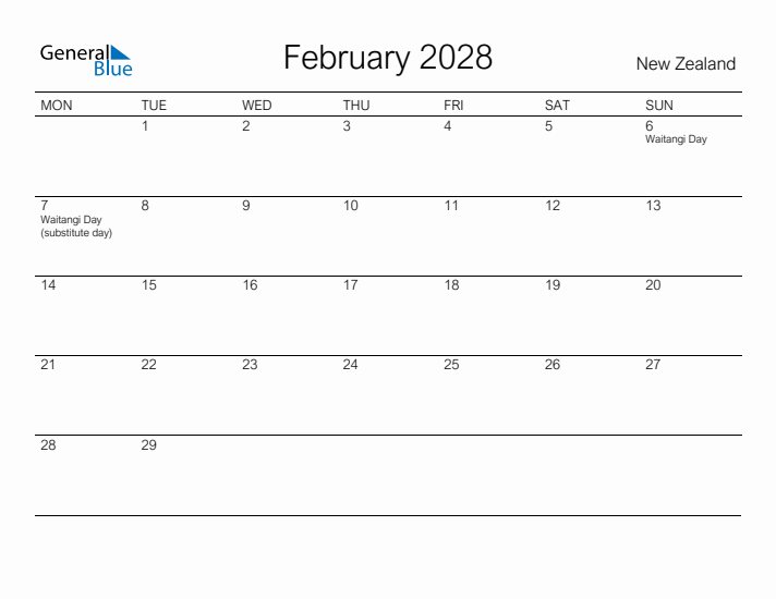 Printable February 2028 Calendar for New Zealand