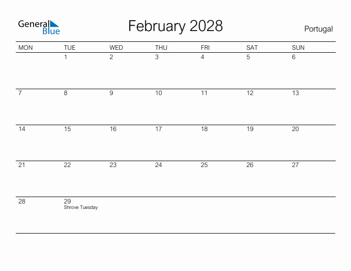 Printable February 2028 Calendar for Portugal