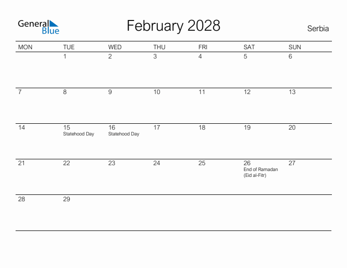 Printable February 2028 Calendar for Serbia