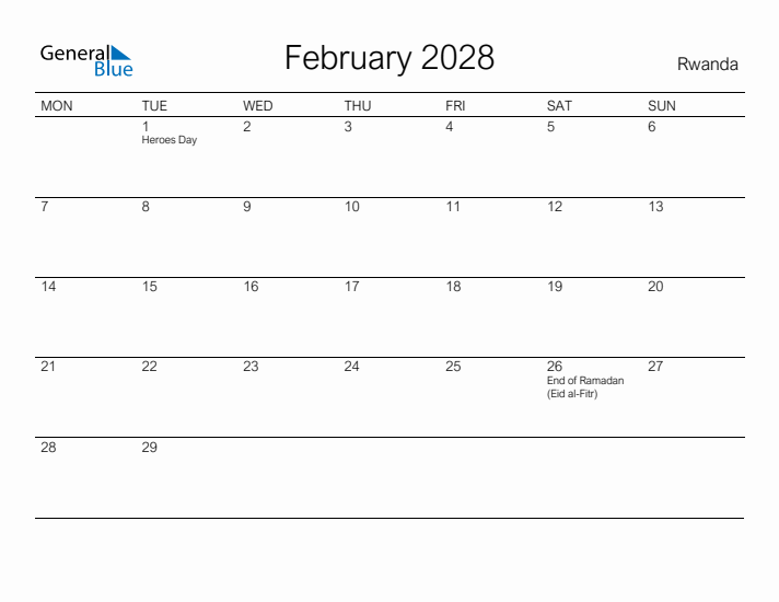 Printable February 2028 Calendar for Rwanda