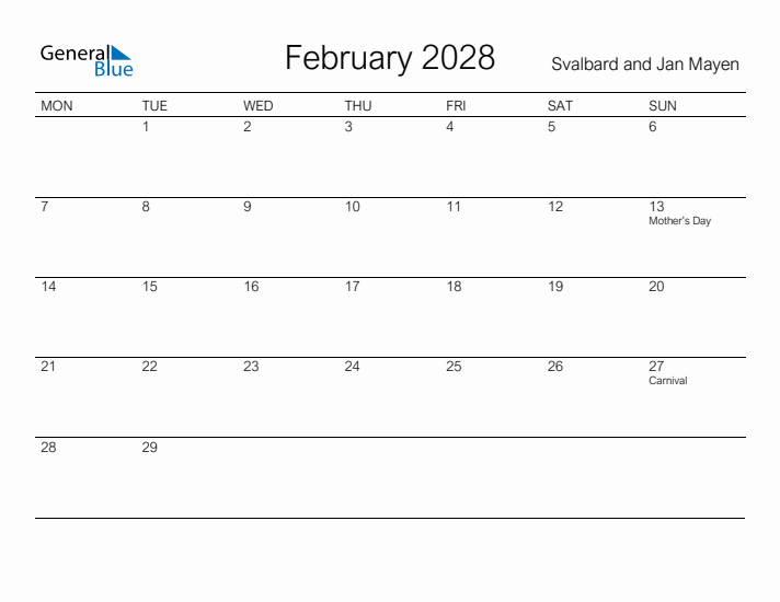 Printable February 2028 Calendar for Svalbard and Jan Mayen