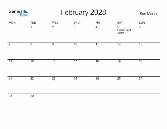 Printable February 2028 Calendar for San Marino