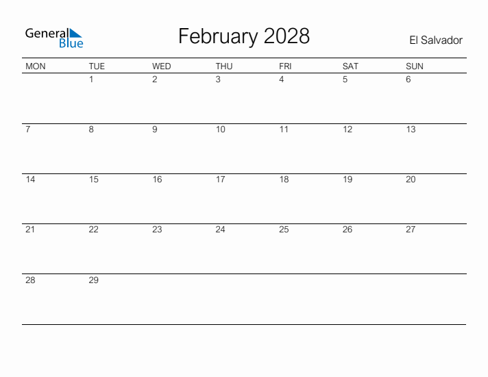 Printable February 2028 Calendar for El Salvador
