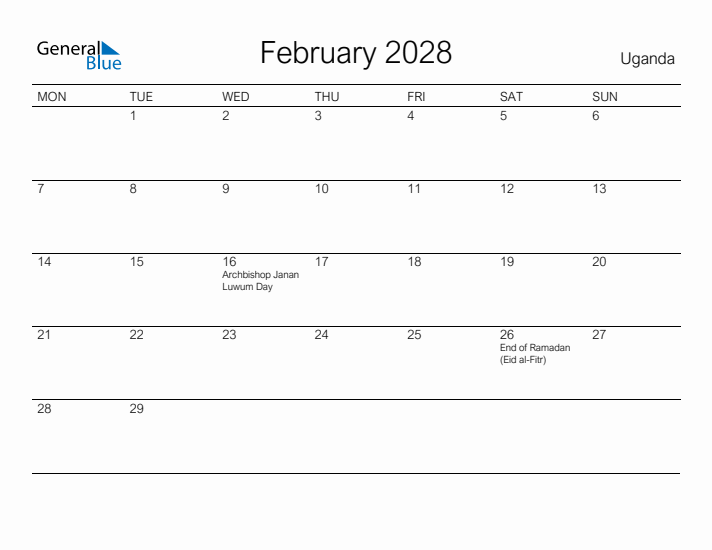 Printable February 2028 Calendar for Uganda