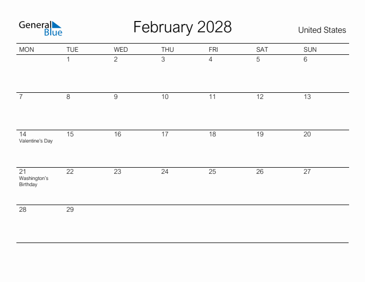 Printable February 2028 Calendar for United States