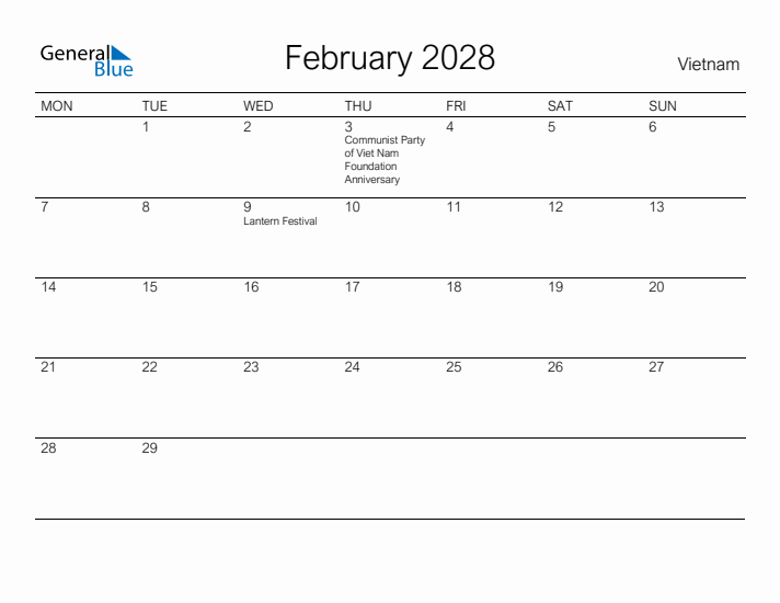 Printable February 2028 Calendar for Vietnam