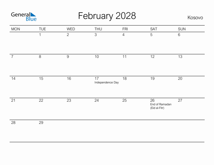 Printable February 2028 Calendar for Kosovo