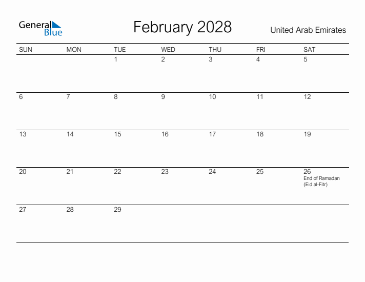 Printable February 2028 Calendar for United Arab Emirates