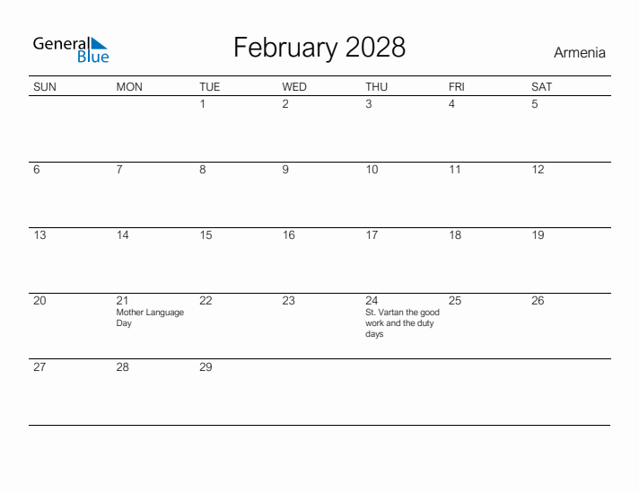 Printable February 2028 Calendar for Armenia