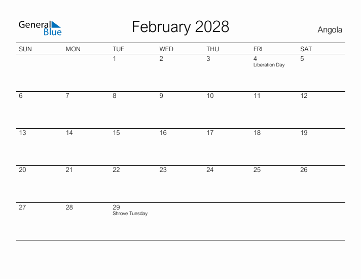 Printable February 2028 Calendar for Angola