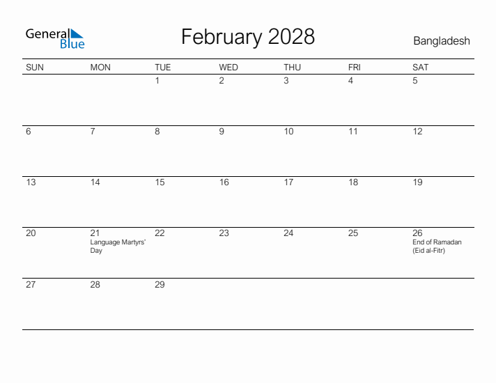 Printable February 2028 Calendar for Bangladesh