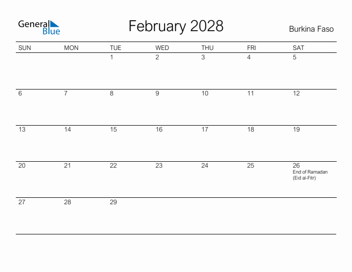 Printable February 2028 Calendar for Burkina Faso